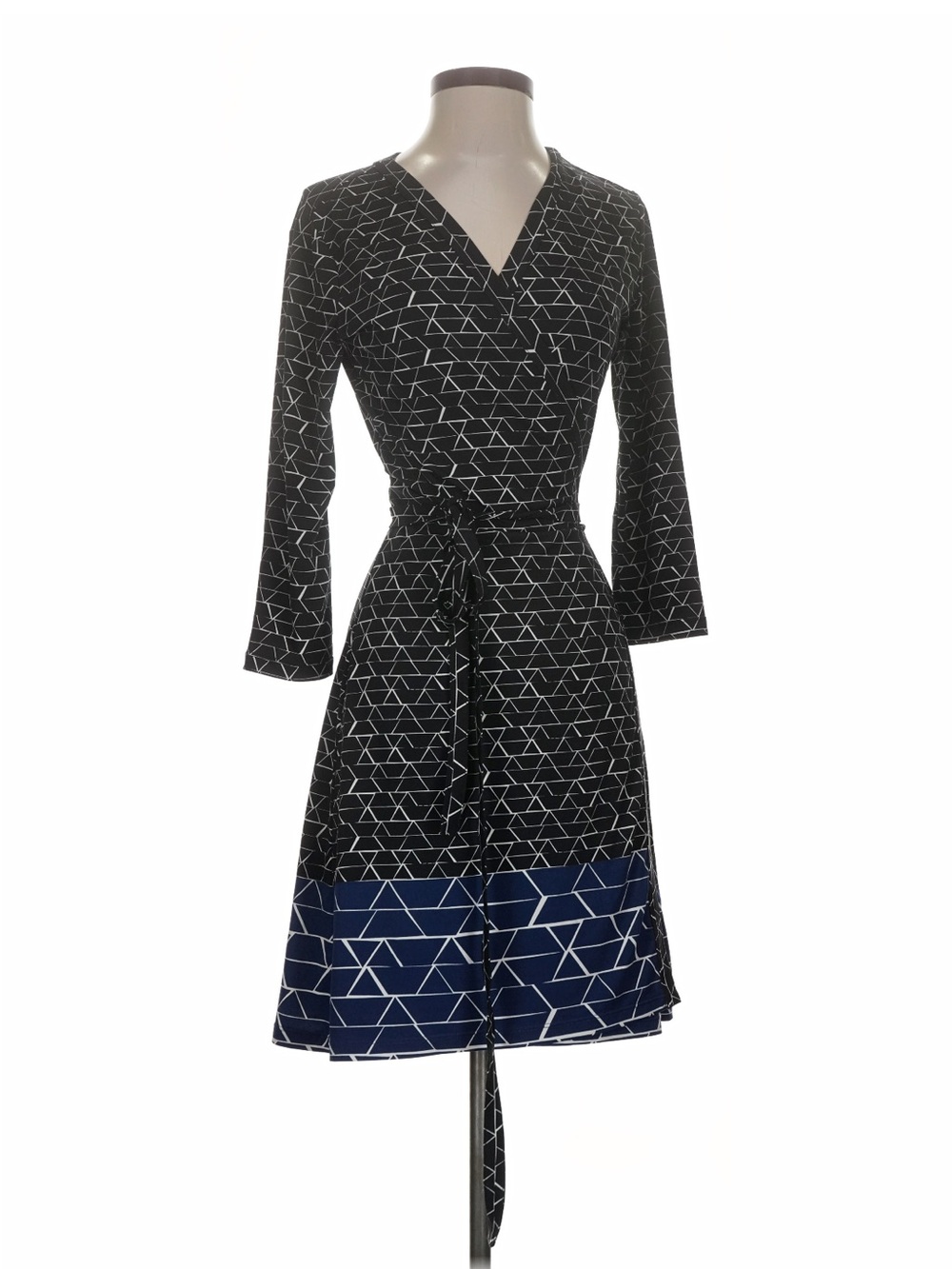 Max Studio Black and Navy Geometric Wrap Dress